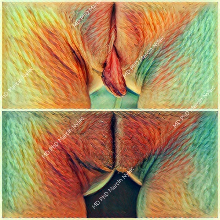 Kolaż zdjęć pacjentki przed i po labioplastyce, widok warg sromowych od przodu w pozycji stojącej