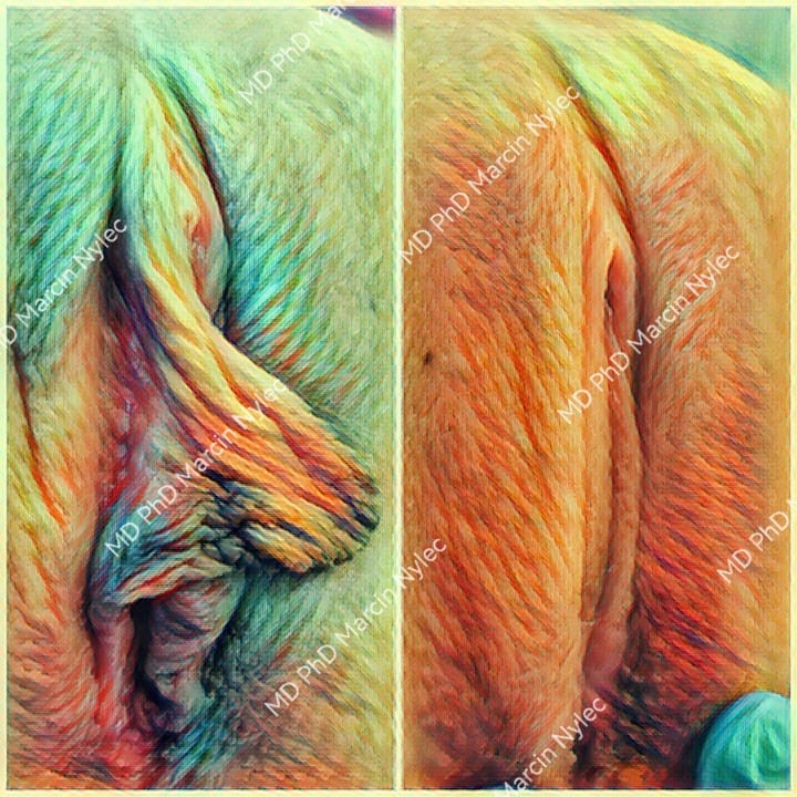 Porównanie warg sromowych pacjentki przed i po zabiegu labioplastyki, widok w pozycji leżącej z rozchylonymi nogami